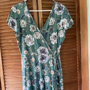 Green floral faux wrap dress